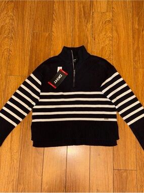 NWT DKNY black & white striped quarter zip sweater